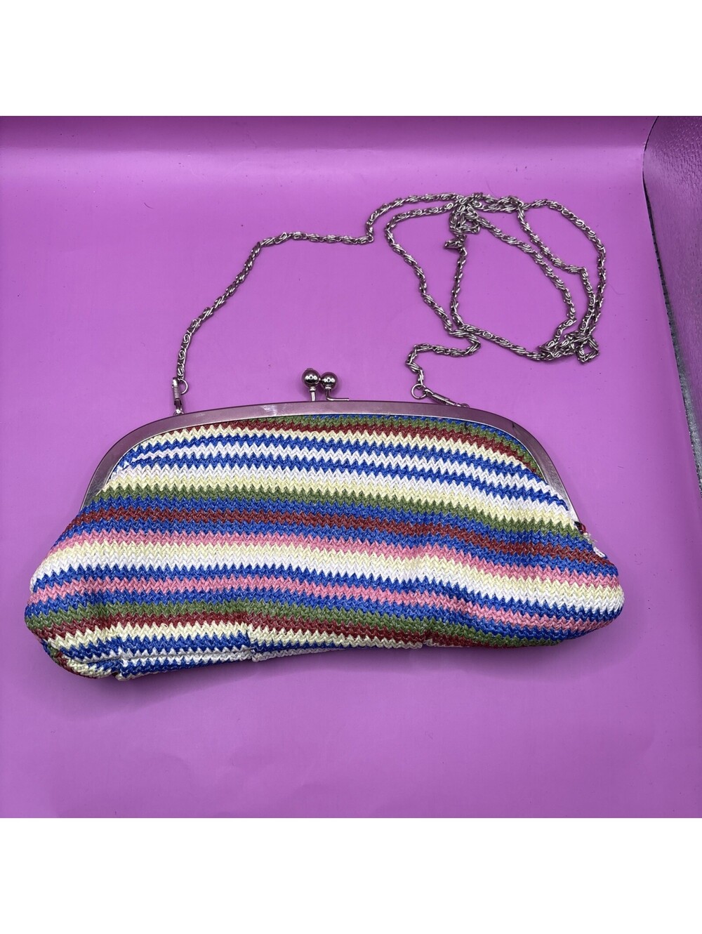 Vintage Multicolor Knit Clutch with Silver Chain Strap